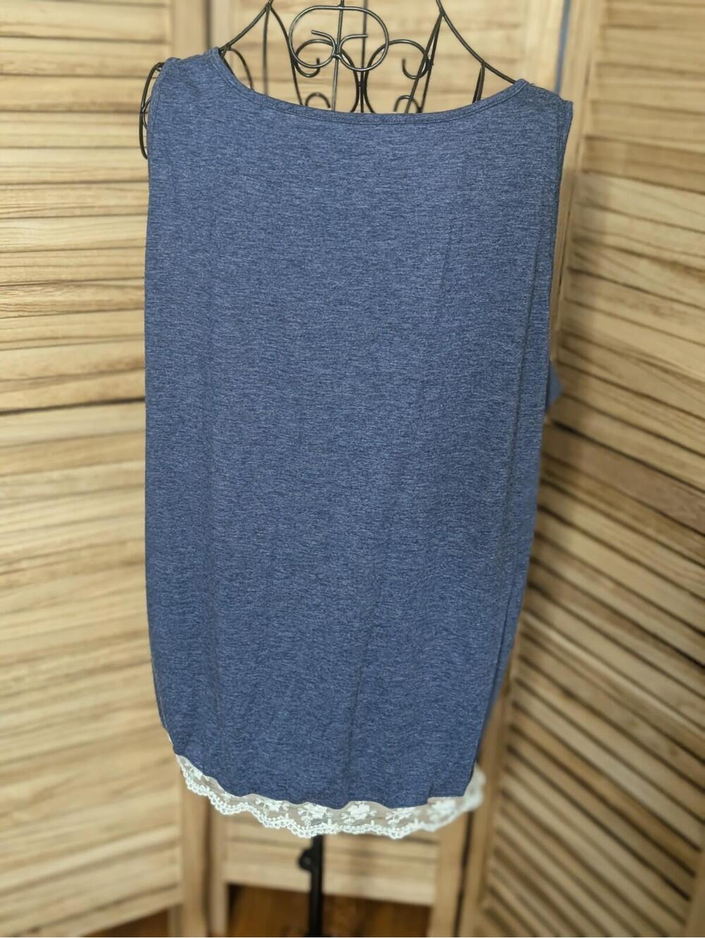 Women Casual Solid Blue Lace Patchwork Square‎ Round Neck Color Block Tank XL